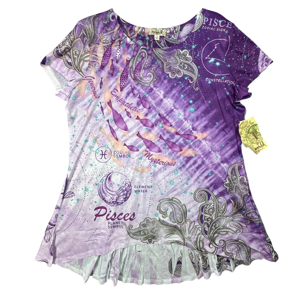 One World Pisces Zodiac Tie Dye Top Celestial Boho Ruffle Hem XL Purple NEW